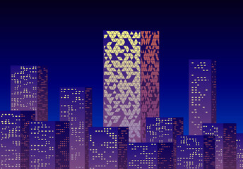 Wall Mural - Neon night in the business city with skyscrapers. Purple highrise cityscape background in 80s style with neon lights in the windows.