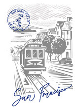 San Francisco Streetcar Postcard. Hand Drawn Landmarks And Symbolic For Traveling.