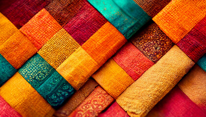 3D Render close up shot of indian fabric with colorful pattern. Abstract background.