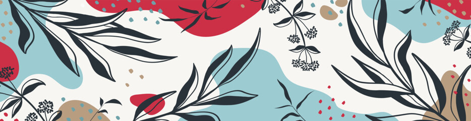 Wall Mural - botanical banner with organic shapes, leaves, plants. abstract natural elements in trendy doodle sty