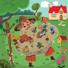 Cartoon Vector Illustration On The Theme Of Old Man And Animals In Nature.