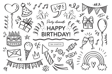 Happy Birthday doodle set. Sketch party decoration, gift box, cake, party. Hand drawn elements