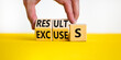 Result or excuse symbol. Concept words Results or excuses on wooden blocks. Businessman hand change words Excuses on Results. Beautiful white background. Business Result or excuse concept. Copy space.