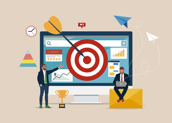 Remarketing manager and specialist put targeted ads. Remarketing strategy, digital marketing tool, visitors generation methodology concept. Trendy style vector illustration