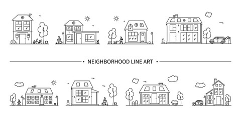neighborhood line art collection. a group of different linear compositions with houses, people and c