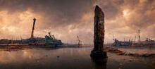 A Warrior Standing At The Abandoned Port And Looking Digital Art Illustration Painting Hyper Realistic