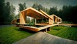 A 3D Illustration of a wooden futuristic house in the middle of the forest with the green bush