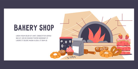 Wall Mural - Bakery shop banner or leaflet mockup, flat vector illustration. Banner or flyer template with bakery supplies and fresh bread.