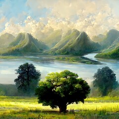 Wall Mural - Digital painting of a peaceful nature scene, Illustration