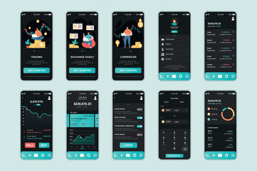 Fototapete - Crypto exchange concept screens set for mobile app template. People trade cryptocurrency, analyze and manage accounts. UI, UX, GUI user interface kit for smartphone application layouts. Vector design