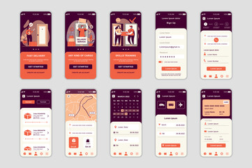 Fototapete - Delivery concept screens set for mobile app template. People use fast shipping services, tracking and online payment. UI, UX, GUI user interface kit for smartphone application layouts. Vector design
