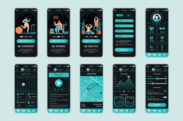 Fototapete - Fitness concept screens set for mobile app template. People doing different sports and workouts at home and in gym. UI, UX, GUI user interface kit for smartphone application layouts. Vector design