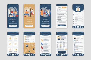 Fototapete - Medicine concept screens set for mobile app template. People choose specialist, make appointment with doctor online. UI, UX, GUI user interface kit for smartphone application layouts. Vector design