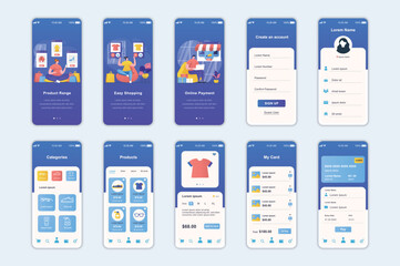 Poster - Shopping concept screens set for mobile app template. People choose products in shop catalog, order and pay online. UI, UX, GUI user interface kit for smartphone application layouts. Vector design