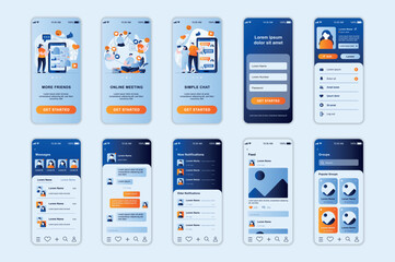 Aufkleber - Social network concept screens set for mobile app template. People chat with friends and meet online, post photos. UI, UX, GUI user interface kit for smartphone application layouts. Vector design