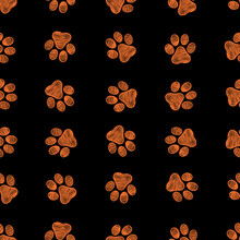 Happy Halloween Design Doodle Orange Paw Print Seamless Fabric Design Black Background Pattern
