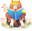 © Popmarleo - Bear Reading a Story Book to Rabbits or Bunnies. Cute colorful animals cartoon for kids education and storytelling. Library and school illustration , vector isolated clipart.