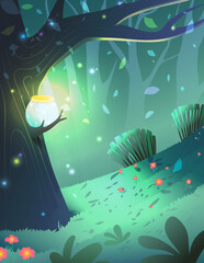 Enchanted Glowing Forest Fairytale Background. Magical forest at night wallpaper graphics, with glowing firefly lamp on the tree. Vector fairytale background for children.