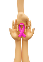 Wall Mural - Hands with pink awareness ribbon in 3d render 