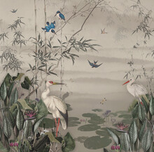 Wallpaper Vintage Lake With Bamboo Plants Flying Dragonflies And Birds Landscape .
