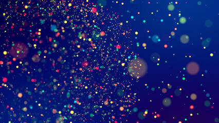 Wall Mural - cloud of multicolored particles fly in air slowly or float in liquid like sparkles on dark blue back