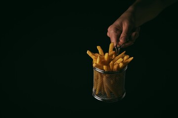 Fried potatoes in a basket isolated on a black background