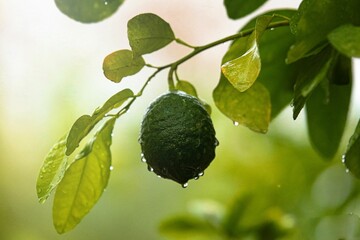 Poster - Closeup shot of a wet lime on a tree after rain