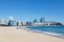 View Of The Sandy Haeundae Beach With Visitors In Busan, South Korea