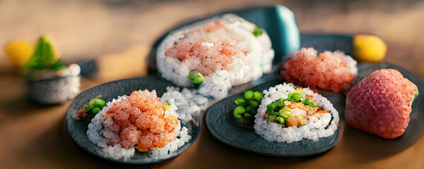 Japanese food mix on restaurant table, sashimi, salmon, sushi and wasabi. Concept generated in Ai.