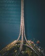 Aerial shot of the Penang Bridge in Malaysia crossing Penang Strait with traffic on it