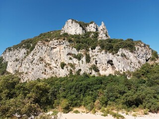 Sticker - Beautiful landscape of green forest on a rocky mountain on a sunny day in Sampzon, France