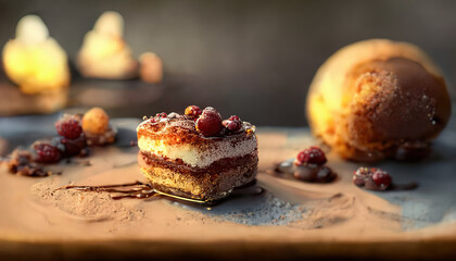 Delicious raspberry dessert with vanilla cream. Close-up, shallow depth of field. 3d-render generated with ai.