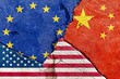© Wirestock Creators - EU (Europe) China and USA national flags icon together painted on dirty cracked concrete background