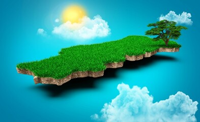 Poster - 3D rendering of a grassy Portugal map topography against a blue background with clouds and the sun