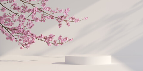 Wall Mural - japanese style architect and sakura tree with podium white background. 3d rendering for presentation