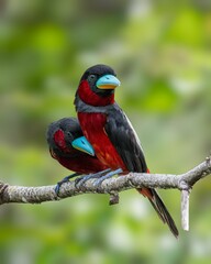 Wall Mural - Vertical closeup of two beautiful red and black broadbill birds on a tree branch