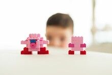 Selective Focus Shot Of Kirby Models Made Of Blocks And A Kid Looking Them On The Blurry Background