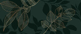 Abstract foliage line art vector background. Luxury gold wallpaper of green tropical leaves, leaf branch in hand drawn pattern. Elegant line art of summer jungle for banner, prints and fabric.