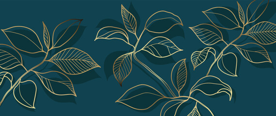 abstract foliage line art vector background. luxury gold wallpaper of blue tropical leaves, tree, le