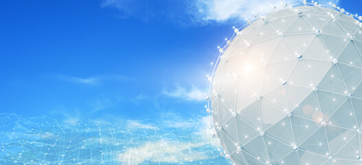 Wall Mural - Global Sphere network structure on blue sky background. technology Planet and communication. Future eco-technology world 3D illustration. ecology concept