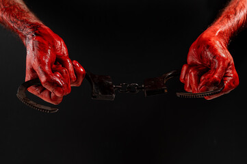 Fototapeta a man with bloody hands holds iron handcuffs.