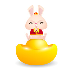 cute rabbit Happy Chinese new year greeting card 2023 year of rabbit wealth chinese gold ingots gong xi fa cai, Animal cartoon character style png 