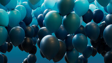 Teal, Turquoise And White Balloons Rising In The Air. Colorful, Party Background.