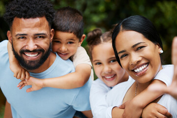 Sticker - Happy, smiling and loving family taking a selfie enjoying fun moments together in the outdoors. Playful, joyful and caring couple having quality time with their kids on a holiday outside in nature.