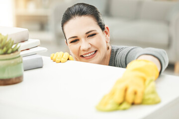 Wall Mural - Spring cleaning, chores and sanitize for a clean, hygiene and fresh home while doing housework. Happy woman, cleaner and housekeeper wiping to disinfect a surface during routine household task