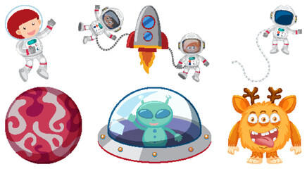 Wall Mural - set of space cartoon characters and objects