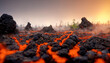 Apocalyptic volcanic landscape with hot flowing lava and smoke and ash clouds. 3D illustration.