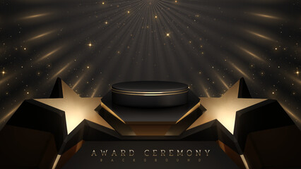 product display podium and 3d golden star on black luxury background with light effects decoration. 