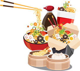 Wall Mural - Asian food, Noodle Soup, take away box,  Japanese Ramen On A Bowl