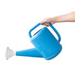 Hand holding a blue watering can on transparent background - PNG format.
